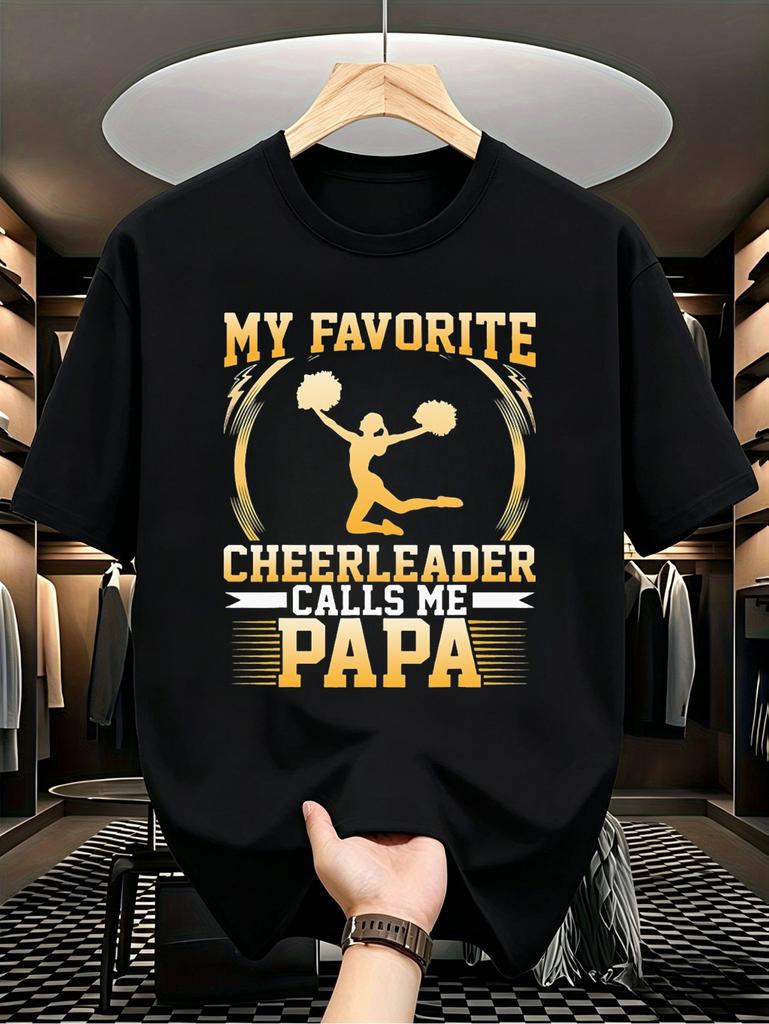 1pc Teenager'S Graphic T-Shirt My Favorite Cheerleader Calls Me Papa Short Sleeve Crew Neck for Teenagers, For Teenager