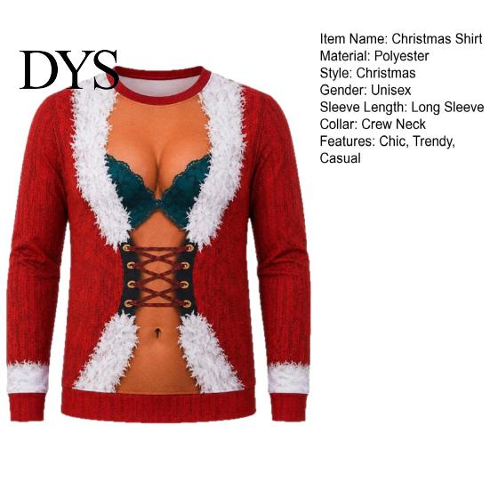 Holiday Themed Cosplay Funny Christmas Shirt, Hilarious 3D Fake Corset Chest Print Crew Neck Ugly Sweatshirt Pullover Top, Novelty Long Sleeve