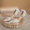Women's High Heel Sandals 2025 Spring/Summer New Style Pointed Bow Pearl Fine Heel Shoes French Crystal Wedding Shoes