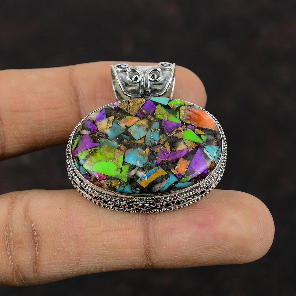 Fiesta Kingman Türkis-Anhänger, Multi-Kupfer-Türkis-Anhänger, zierlicher Edelstein-Schmuck, 925er Sterlingsilber-Anhänger, handgefertigter Vintage-Anhänger