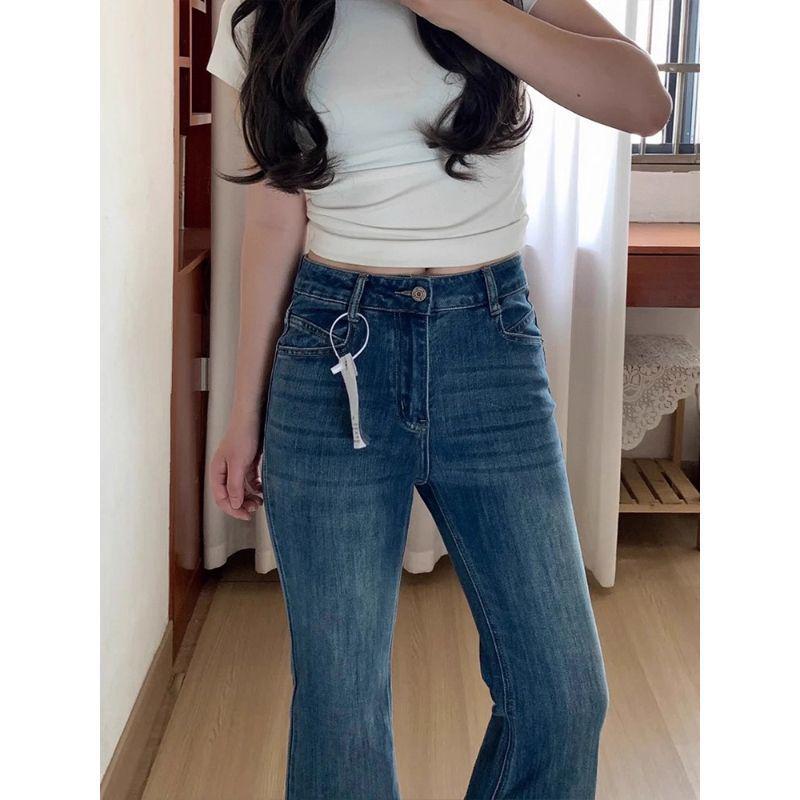 Retro Blue High Waist Micro-Flare Jeans for Women - Plus Size, Slimming, and Elastic Fit for Autumn