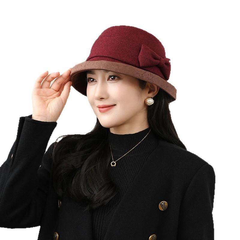 Temperament Fine Plaid Bow Mother Bucket Hat Female Middle-Aged And Elderly Versatile Face Small Elegant Woolen Basin Hat