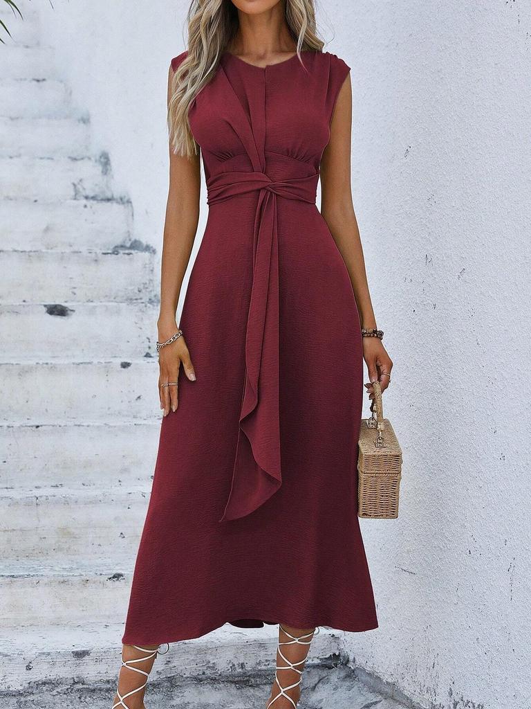 Women's Sleeveless Waist-Hugging Long Dress - Summer/Autumn, Elegant European & American Style, Slimming Fit