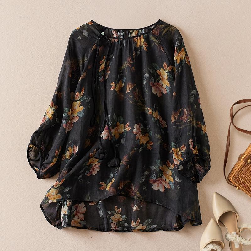 Women's Cotton Linen Shirt Vintage Blouses Loose Floral Short Sleeves Top O-Neck Ladies Clothing