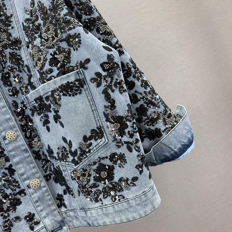 2026 Fall Winter Heavy Embroidered Sequin Denim Jacket Women Vintage Streetwear Trendy Outerwear
