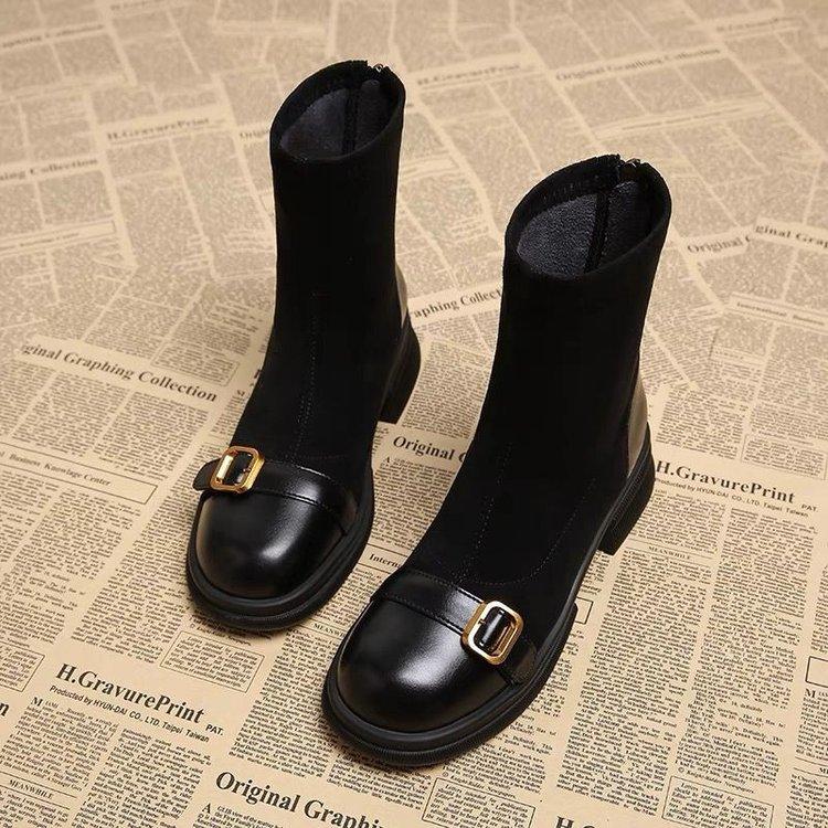 Medium tube Martin boots women's 2025 new autumn and winter velvet British style thick heel small short boots thin velvet single cotton boots