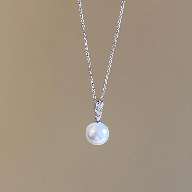 S925 Sterling Silver Pearl Necklace Fashion Temperament Zircon Pendant Light Luxury Simple High-end Sweater Chain