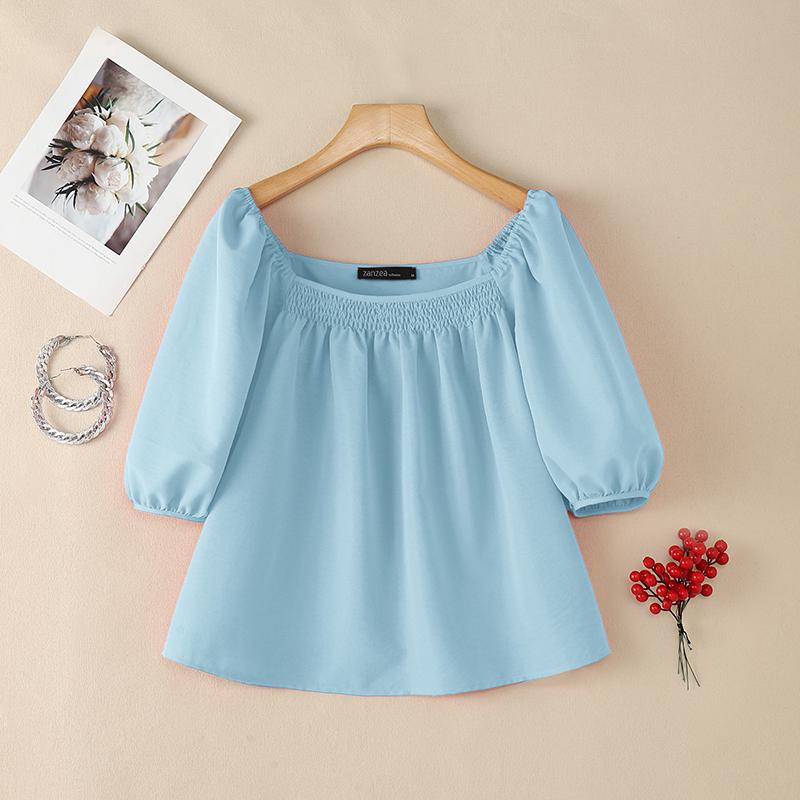 ZANZEA Women Casual Square Collar Loose Summer Short Sleeve Blouse