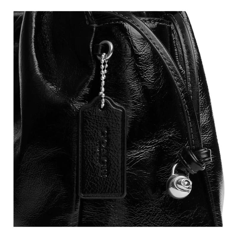 Coach Faye 22 Drawstring Closure Shiny Wrinkled Leather Shoulder Bag Small Women's Black