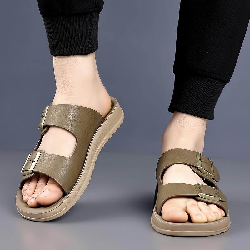 Fashion Double Buckle Designer Leather Slippers for Men Summer New Designer Flat Slipper Shoes Male Fashion Casual Flip Flops Man