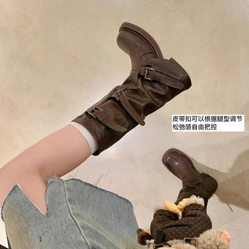 Cowhide version belt buckle Martin boots female knight leather boots thick-soled wasteland wind boots western cowboy boots