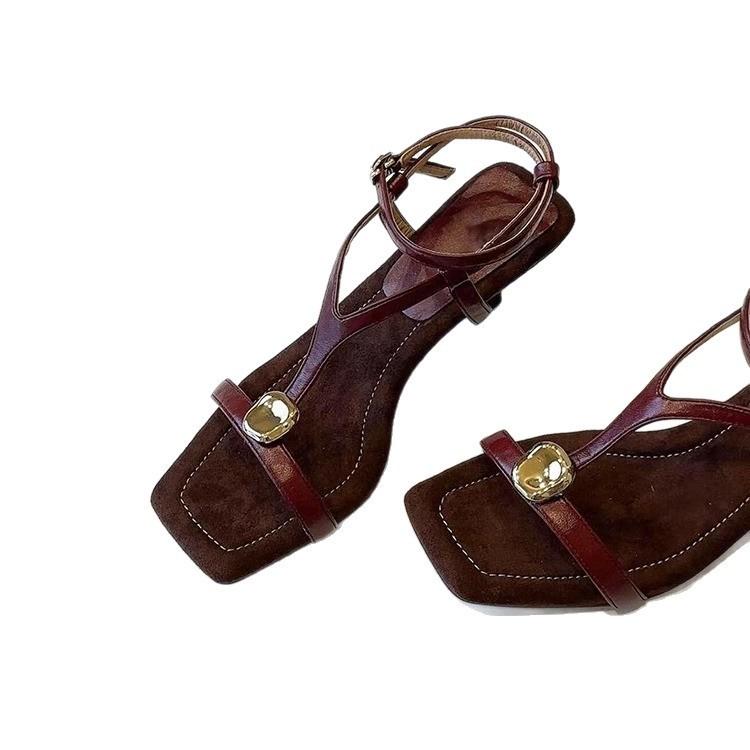 Sheepskin version~ retro leather outer wear summer Roman shoes fairy fairy wind metal word with square head high heel sandals