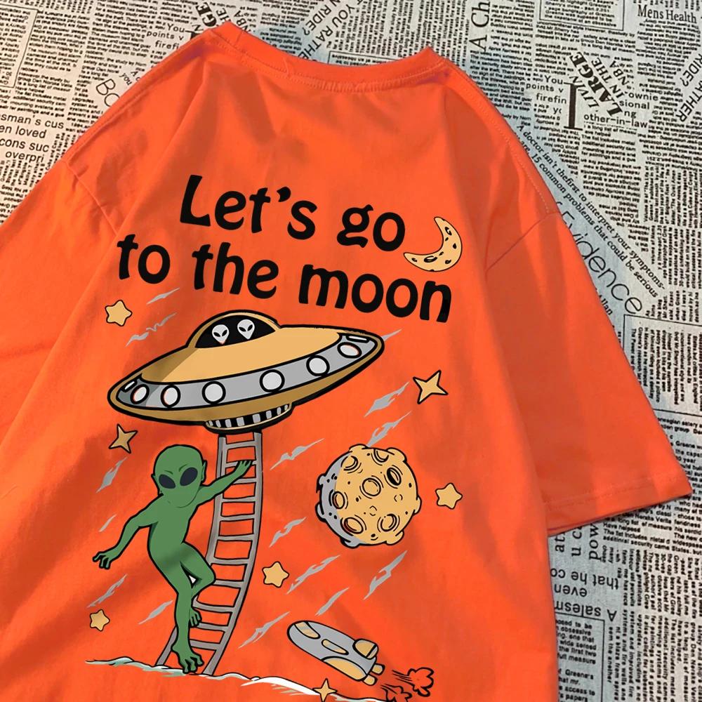 Let'S Go To The Moon Alien Ufo Mens T-Shirt Cotton Loose Tops Loose Crewneck T Shirts Casual Breathable T Shirt Couple Clothes