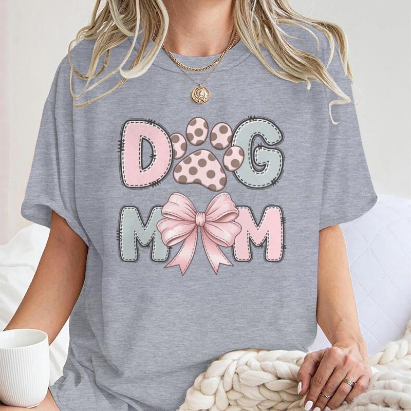 Dog Mom Graphic Crew Neck T-Shirt For Women CasualTee With Short Sleeves Pink Bow Paw Print Design Perfect For Mother's Day