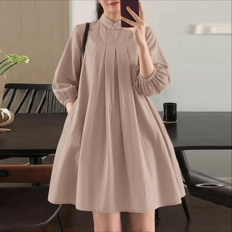 ZANZEA Rochie de vară casual pentru femei, cu guler drept, lejeră, în linie A, cu mânecă 3/4