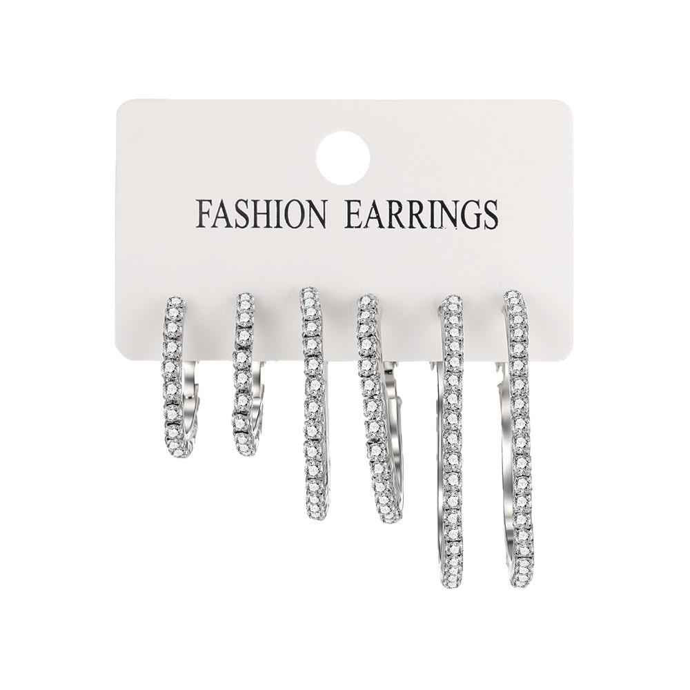 European and American Fashion Shiny Rhinestone Hoop Earrings - Creative Minimalist Design, Set of Three Pairs