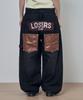 Lujeoseukeulleob Pantalon Large en Denim Patchwork de Cuir Courbé Noir
