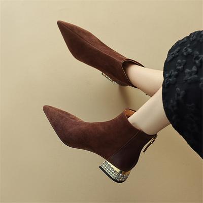 Fashion New Autumn Winter Sheep Suede Women Boots Fashion Rhinestone Chunky Heels Pointed Toe Knight Boots for Women Short Boots Women