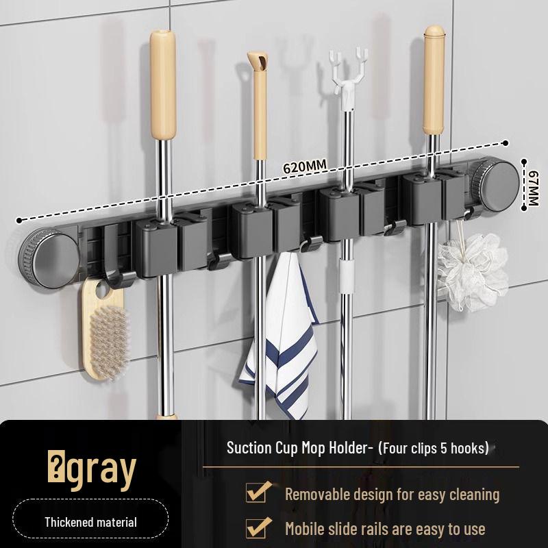 Wielofunkcyjny uchwyt na mopa z przyssawką bez wiercenia z haczykami do łazienki i na balkon