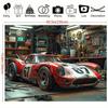 1pc Classic retro racing garage workshop style 2D flat banner with red sports car, white numbers and detailed mechanics design