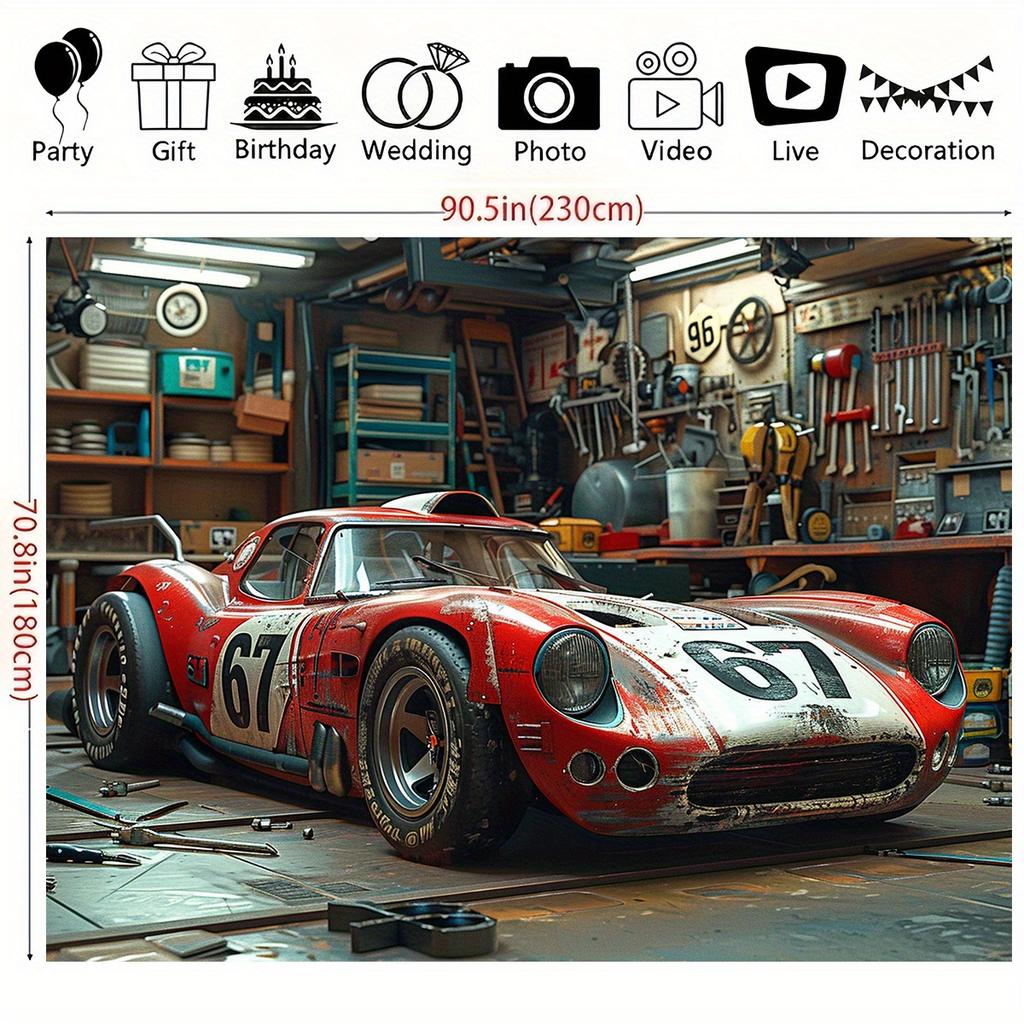 1pc Classic retro racing garage workshop style 2D flat banner with red sports car, white numbers and detailed mechanics design