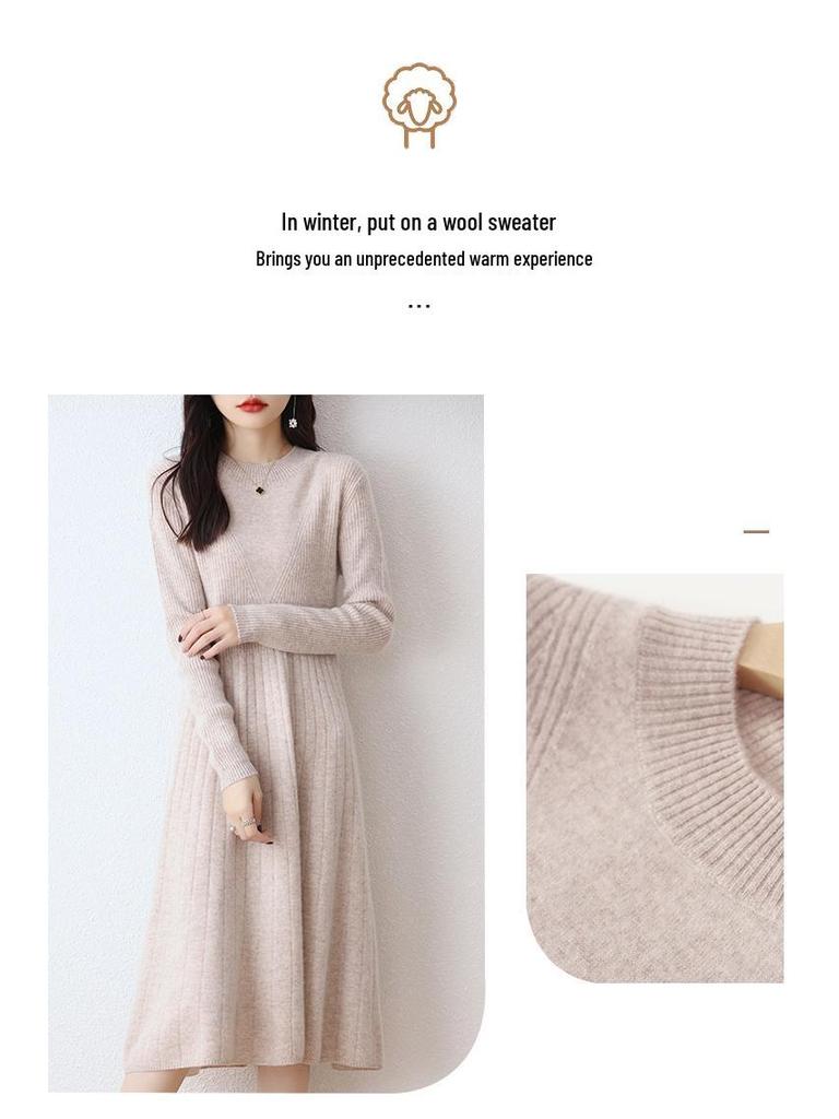 Women's Wool Round Neck Long Sweater Dress - Autumn/Winter Slim Knit Versatile Outerwear