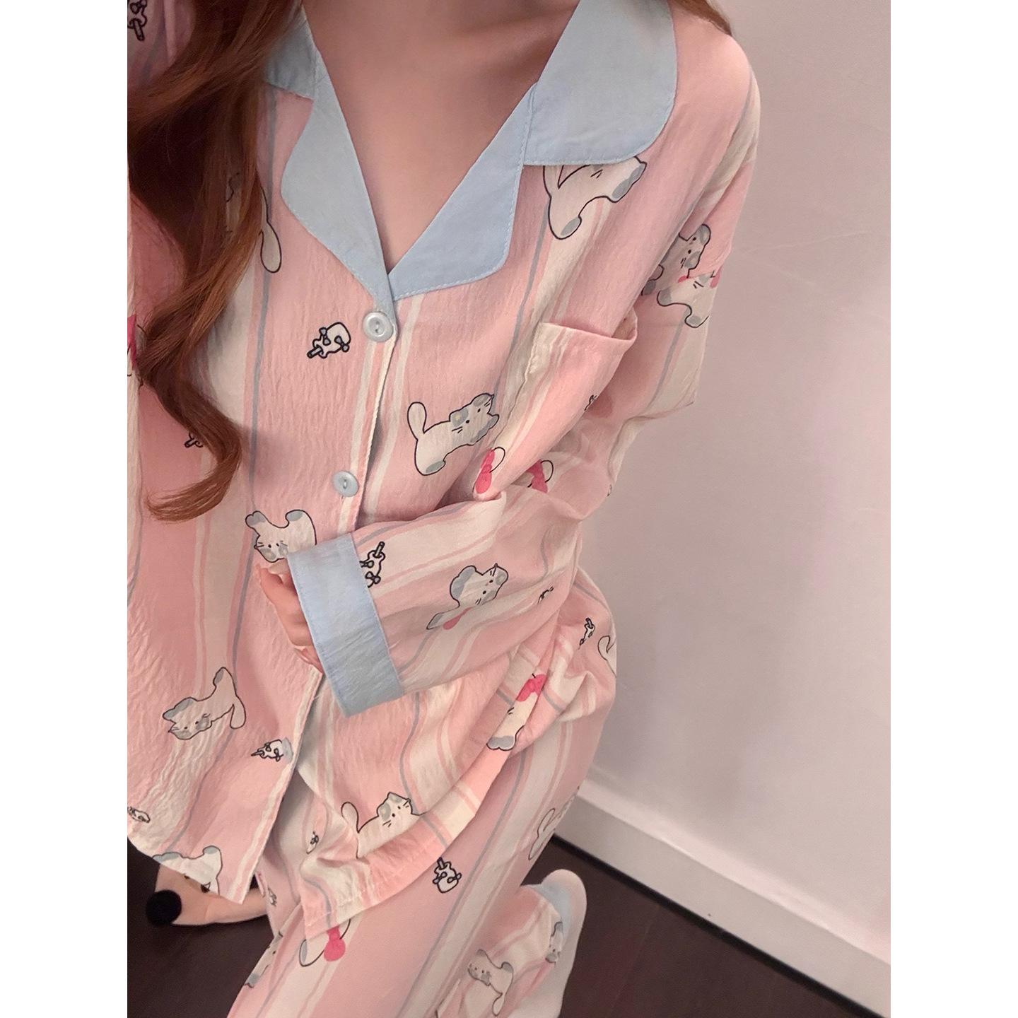 

Women s Cotton Pajamas Set - Long Sleeve & Pants, Spring/Autumn, Loose Fit with Lapel XL-2XL