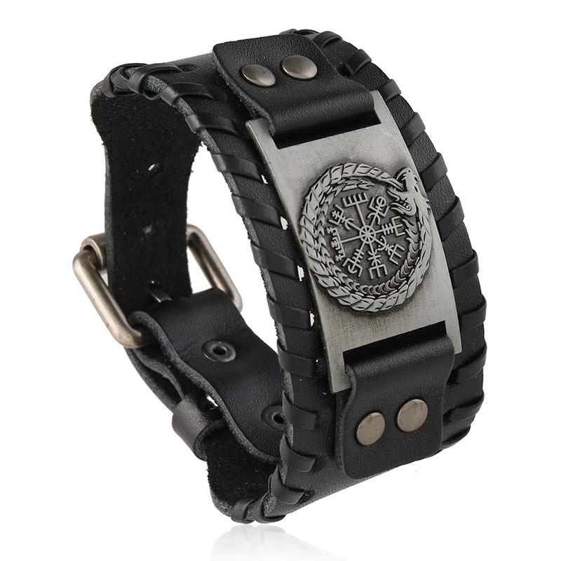Handmade Vintage Leather Bracelet Men Punk Style Wide Cuff Geometric Design Unisex Fashion Accessory Antique Silver