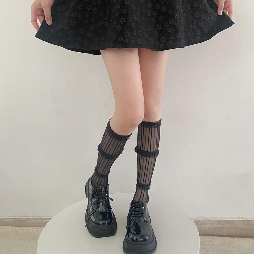 Lace Calf Socks Stretcy Knee High Sock 3 Layered Lace Stocking for Student Girl Ladies Vintage Lace Bunching Socks