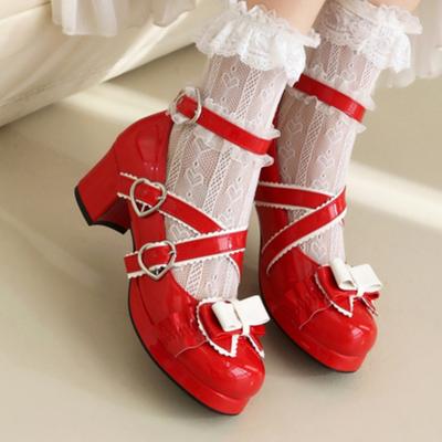 Süße Schleife Niedrige Absätze Damen Lolitas Schuhe Frühling Knöchelriemen Rot Weiß Absatz Hochzeit Büro Party Schuhe Damen Große Größe 45