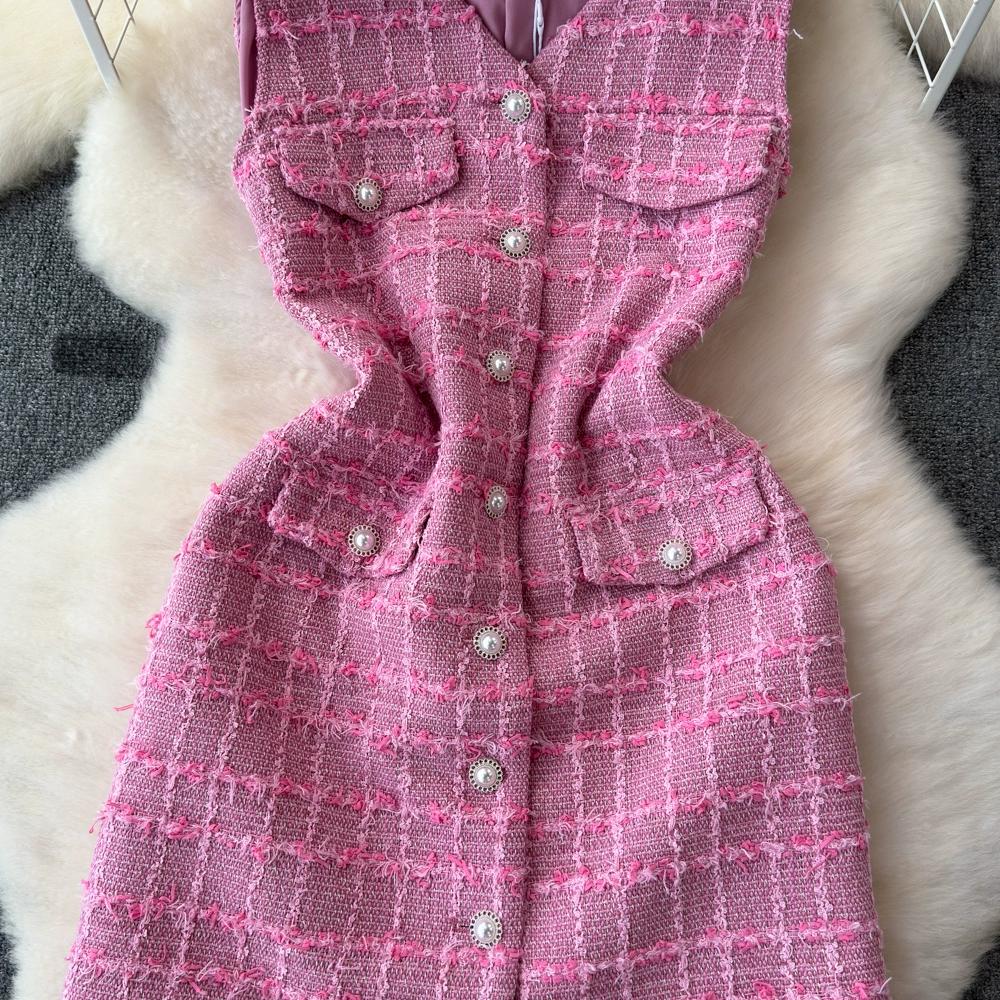 Letní ženy Sladké kostkované tvídové tvídové šaty do kanceláře Work Party Mini Krátká vesta