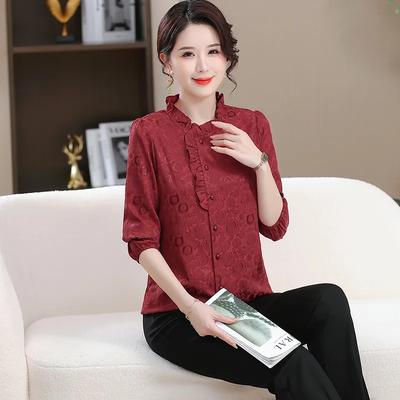 Damen Herbst Neu Lotusblattkragen Vielseitiges Langarm-Oberteil im Western-Stil Jacquard Fließendes Satinhemd