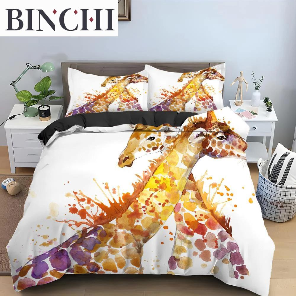 Cartoon Giraffe König Königin Bettbezug Jungen Mädchen Tier Bettwäsche Set Wildtiere Deckenbezug Polyester Bettdecke