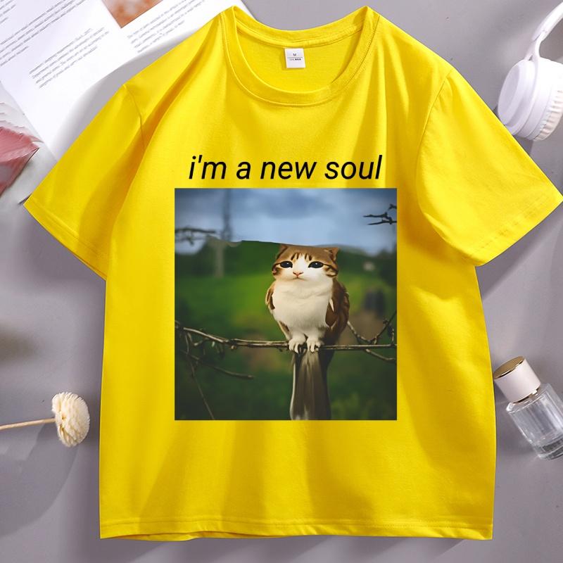 Im A New Soul Funny Cat Owl Tshirt Funny Meowl Meme T Shirt Silly Cat Short Sleeve Tshirt Loose Round Neck Streetwear