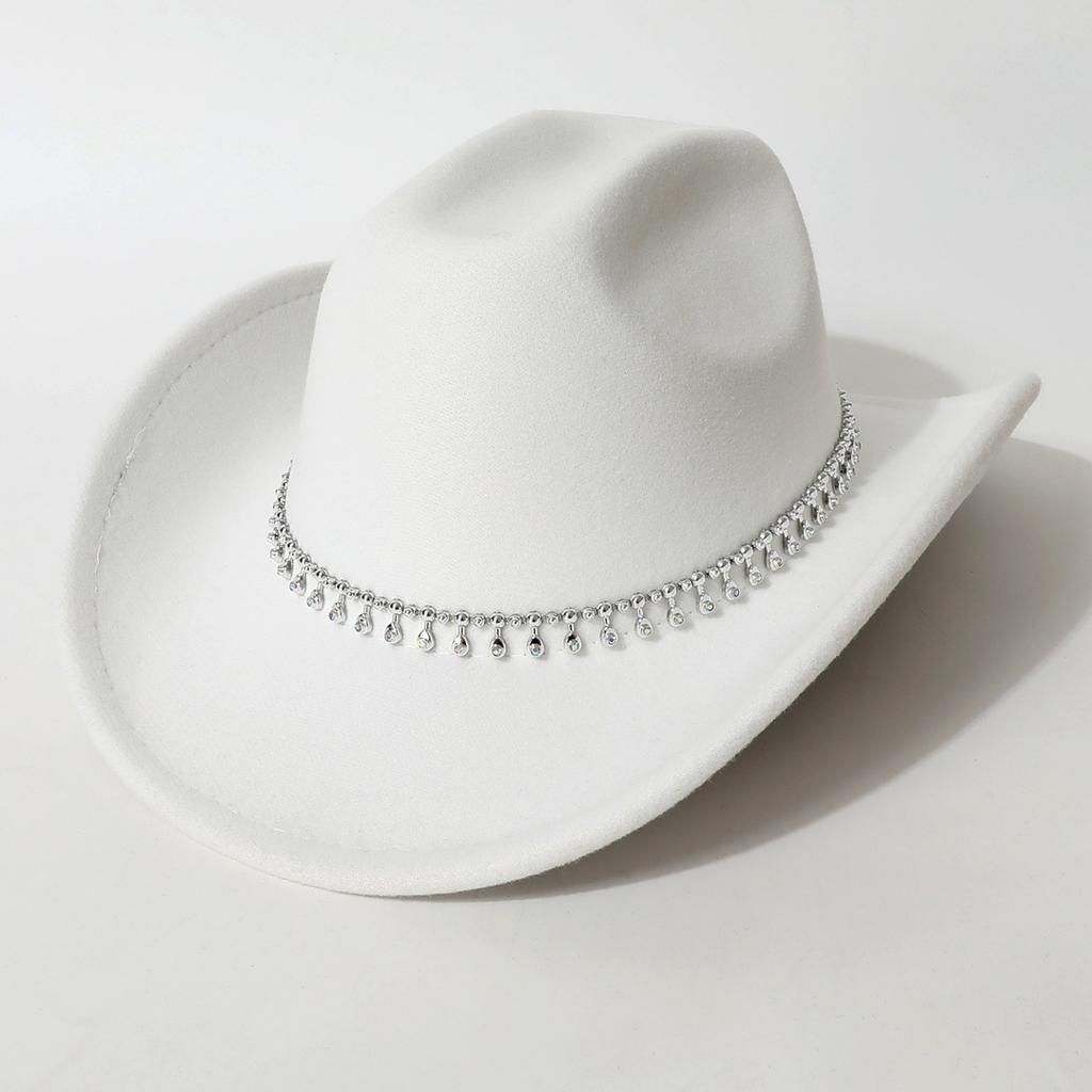 Women's Unisex Western Cowboy Hat with 3D Round Gems, Rhinestones, Rivets, and Chain Decorations, Wedding Party Hat