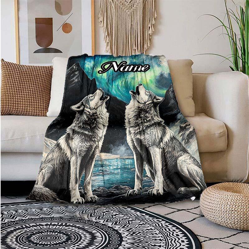 Two Wolves Howling At The Sky Customize Your Name Outdoor Blanket Suitable For All Seasons Comfortable And Warm Soft Blanket Suitable For Travel Gifts