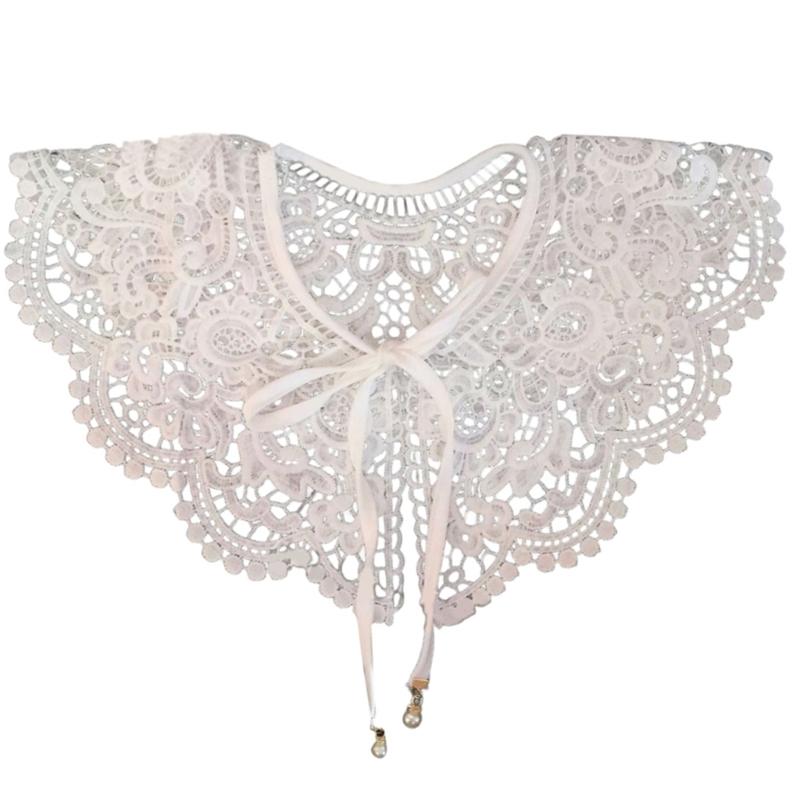 Royal Style Cotton Fake Collar Shawl Wrap Hollow Out Floral Lace Ruffled Trim Necklace Pointed  Lapel Blouse Dropshipping