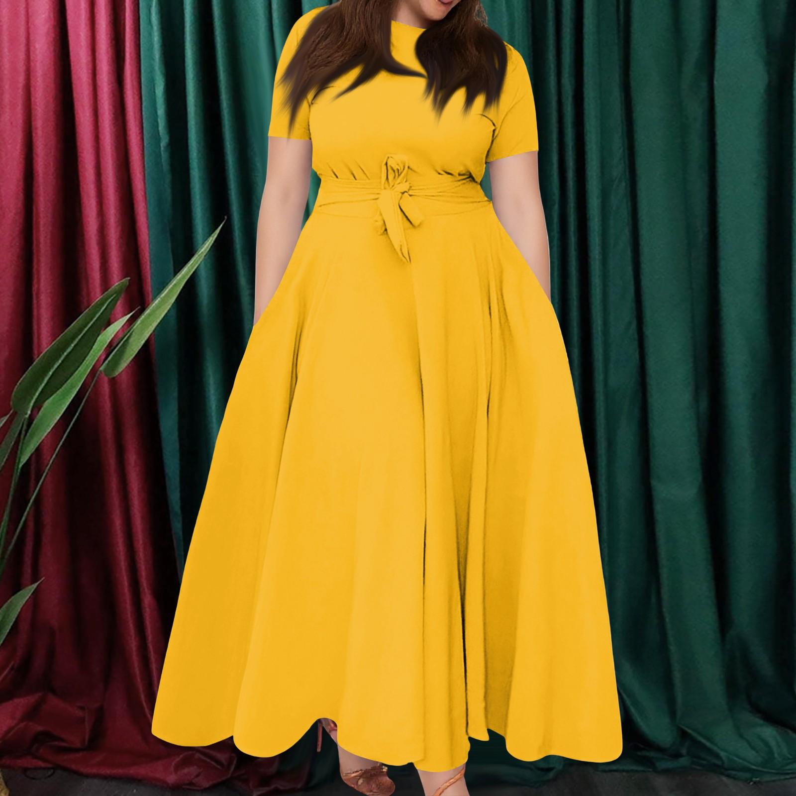 

Женское повседневное модное свободное платье большого размера с круглым вырезом и короткими рукавами на бретелях XXXL жёлтый