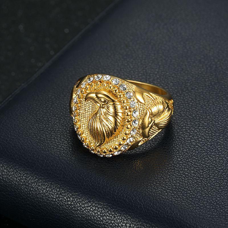 Mens Titanium Steel Eagle Ring With Gold Plating Rhinestones Hip Hop Style Adjustable Size