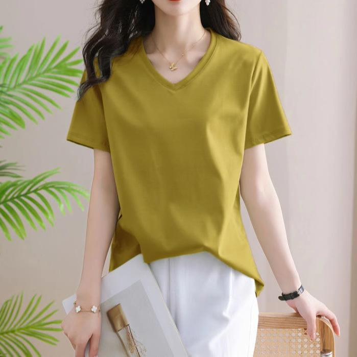Women's Summer Short-Sleeve Loose-Fit Solid Color Plus Size T-Shirt V-Neck Elegant Commuter Base Layer