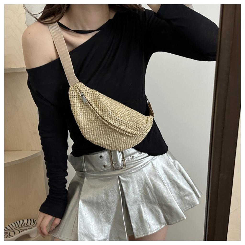 Women'S Stylish Woven Chest Bag - Light Brown, Breathable Crossbody Sling Phone Pouch with Zipper Closure, Versatile Waist Pack for Beach, Sports