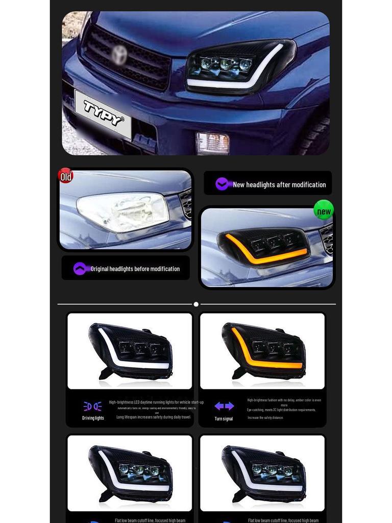 LED Headlight Assembly with Three-Eye Projector & Flowing Turn Signals for 03-04 Toyota RAV4