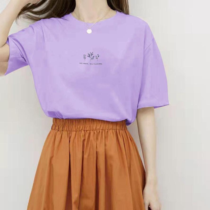 Summer Women Crew Neck T-shirt Loose Casual Solid Botanical Print Short Sleeve Tee T-shirts and Long Sleeves