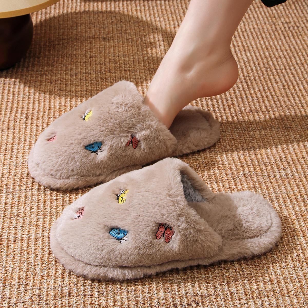 

Fashion Slippers for Women Slides Warm Short Plush Flat Round Tie Shoes Woman Solid Fur Butterfly Print Women Shoes Plus Size 41 хаки