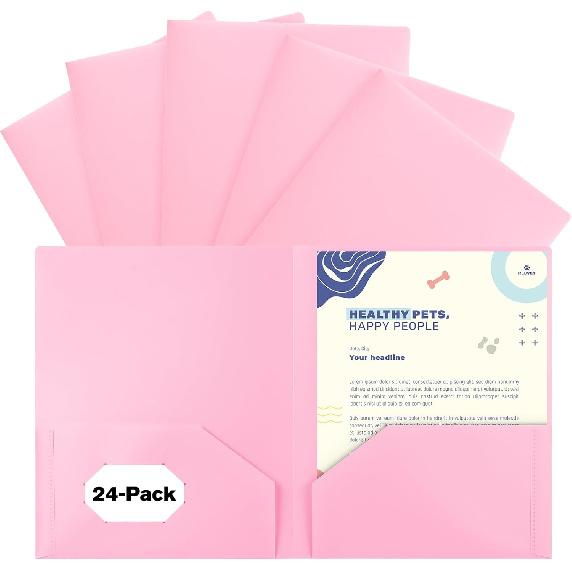 6-Pack Plastic Folders with Pockets,2-Pocket Pastel Folders Holds US Letter Size Paper for School/Office/Home, Pink