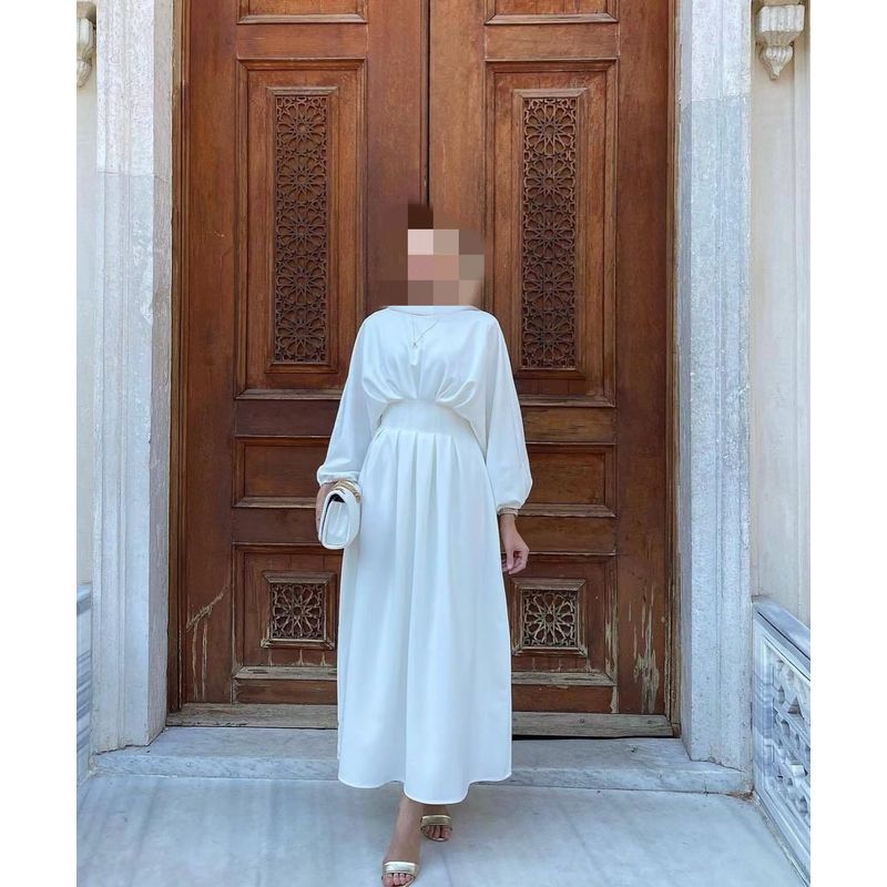 New Arrival Middle East Turkey Pure Color Drawstring Sleeves Silm Dress Solid Color Waist up Dress