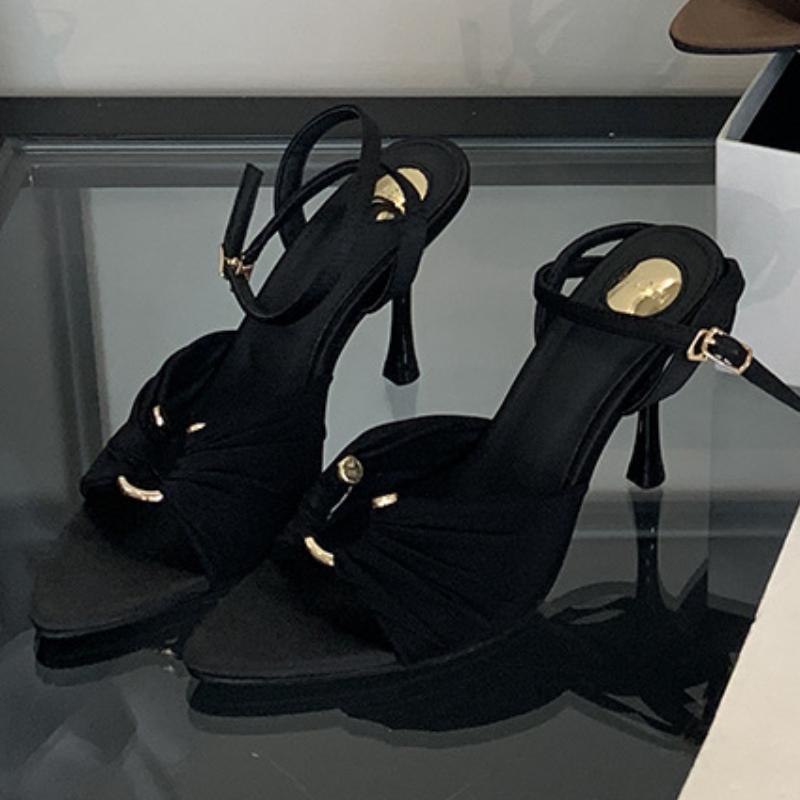 Fashion Summer Pointed Toe Thin High Heels Fashion Pleated Metal Buckle Strap Women Sandals Banquet Party Female Mules Shoes