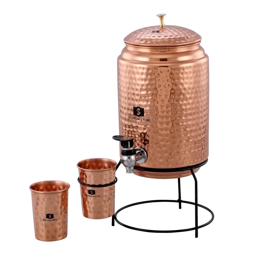 Dávkovač vody z čisté mědi Matka Nádoba Hrnec 5000 ml se stojanem a 2 sklenicemi (Hnědý)
