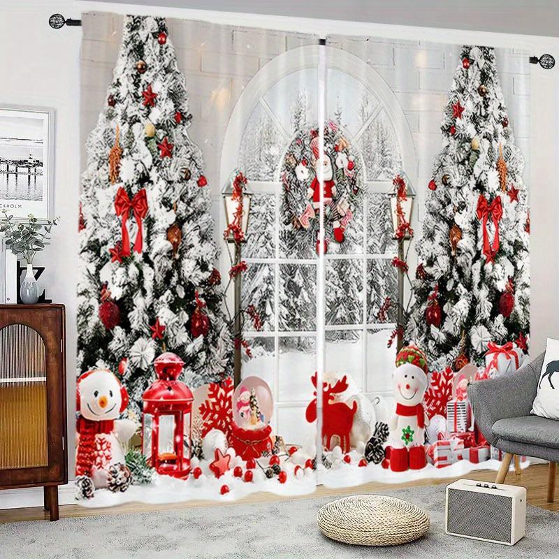 2pcs Festive Christmas & Green Pine Print Curtains,Rod Pocket Design for Easy Hanging, Perfect for Living Room, Office,Bedroom