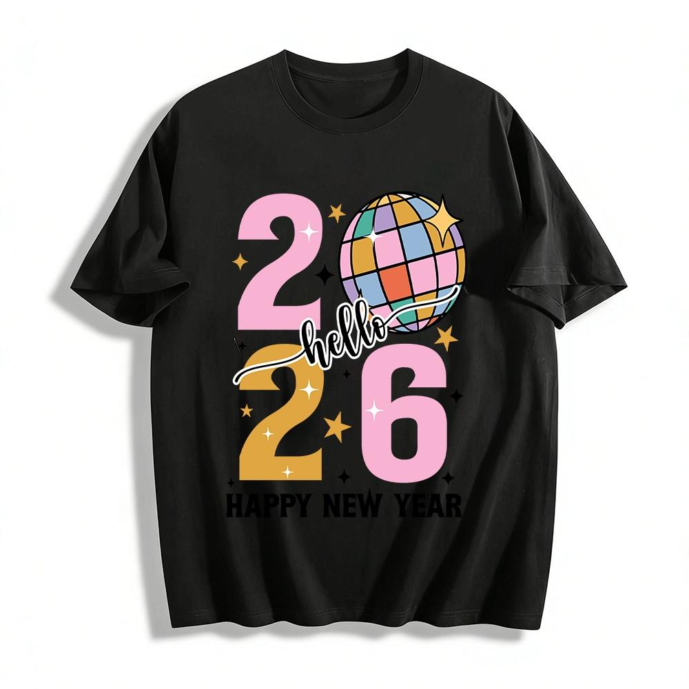 2026 Happy New Year Disco Ball Print Casual Party Top Pure cotton T-shirt XXS